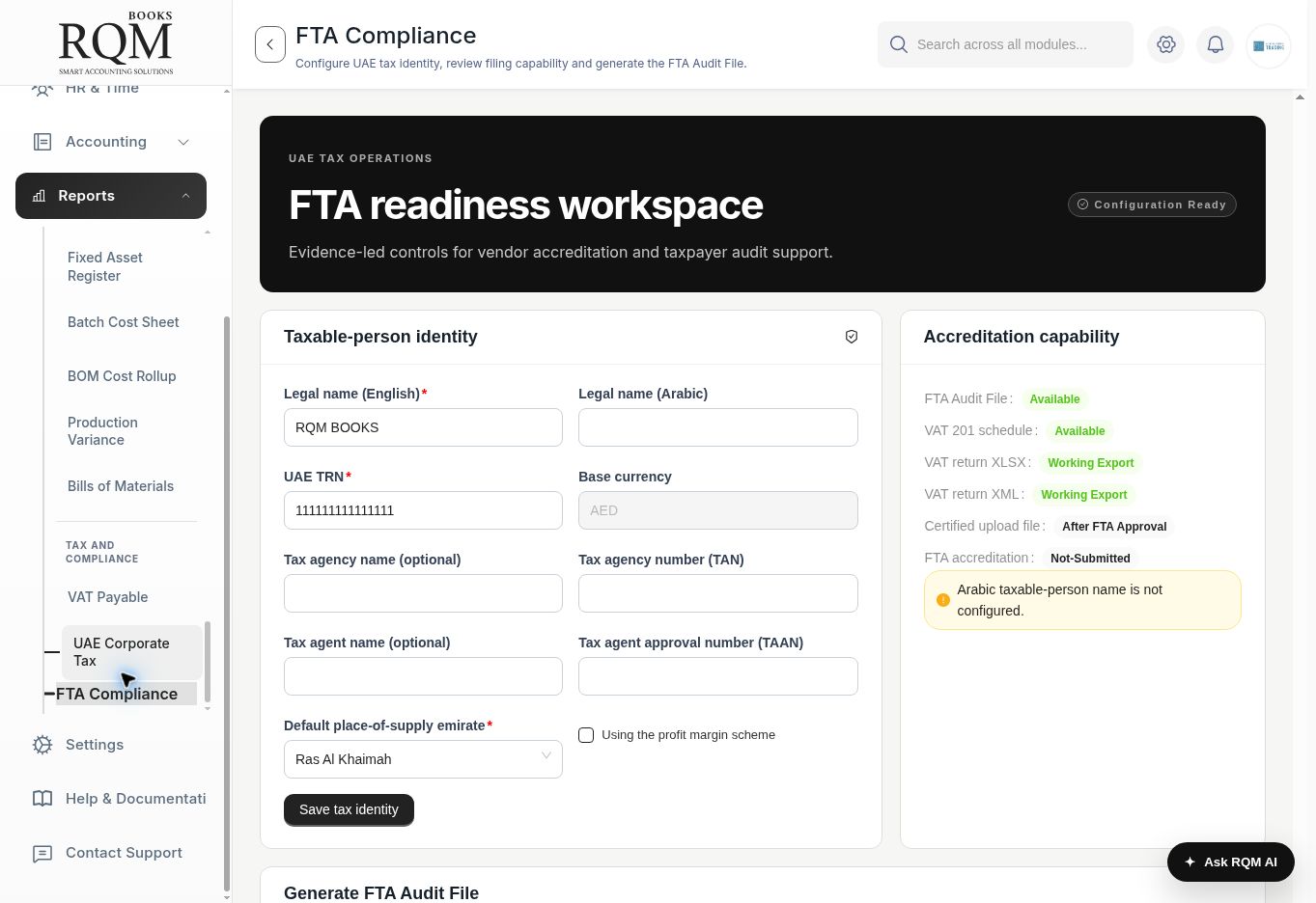 RQM Books FTA readiness workspace